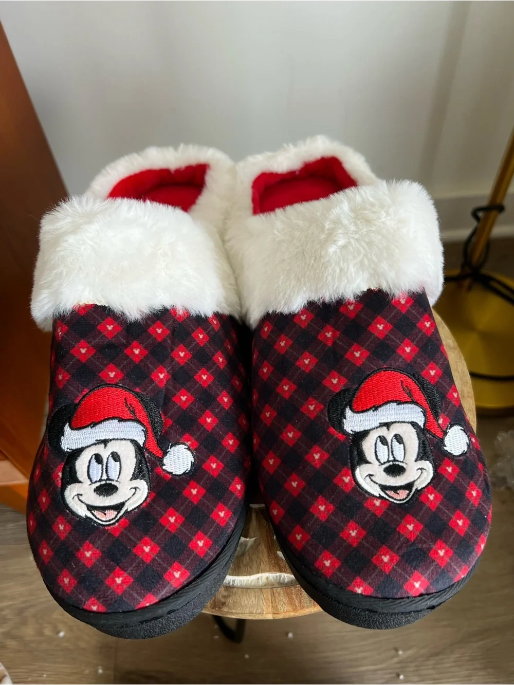 Disney Red Plaid Holiday Slippers with White Faux Fur Cuff